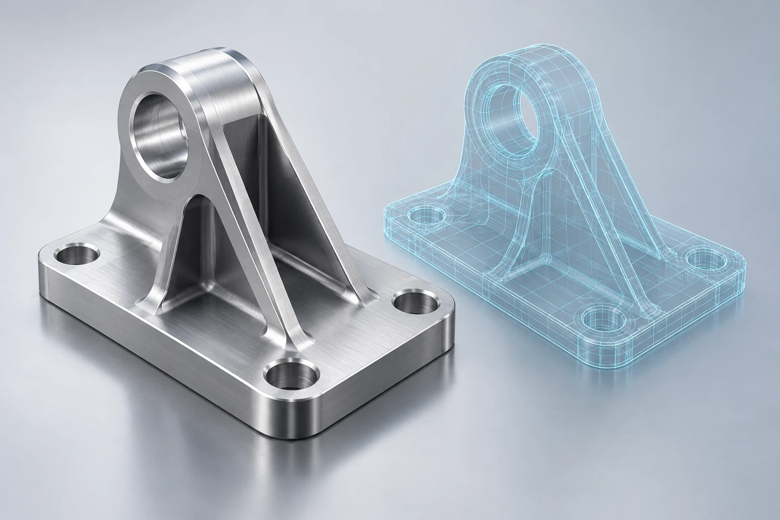 Illustrative machined bracket and matching CAD wireframe