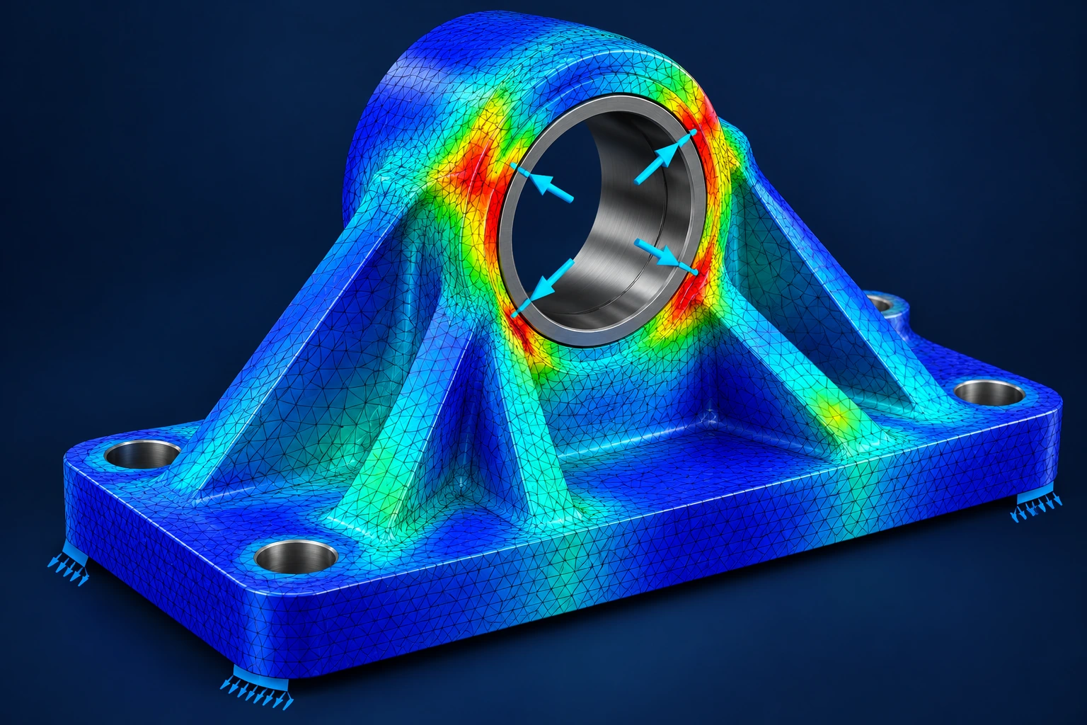 Illustrative mechanical bearing-support bracket with a surface mesh and stress contours